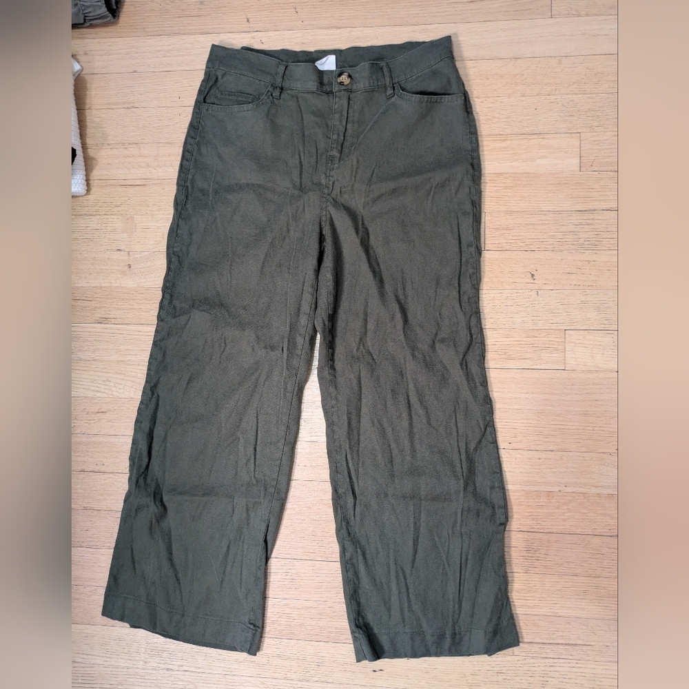 Olive Green Wide-Leg Cropped Pants